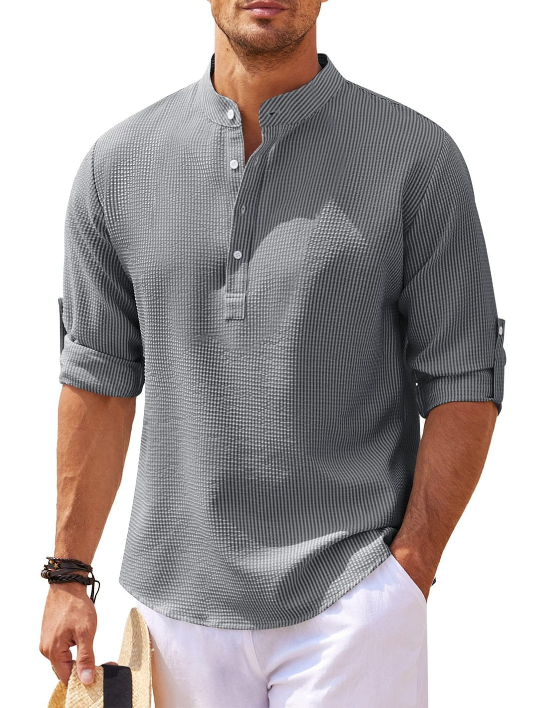 Men's Casual Shirt Long Sleeve Stand Collar Solid Color Shirt
