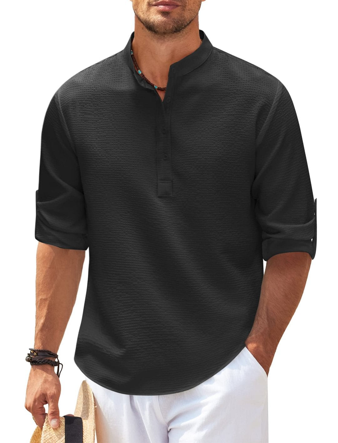 Men's Casual Shirt Long Sleeve Stand Collar Solid Color Shirt