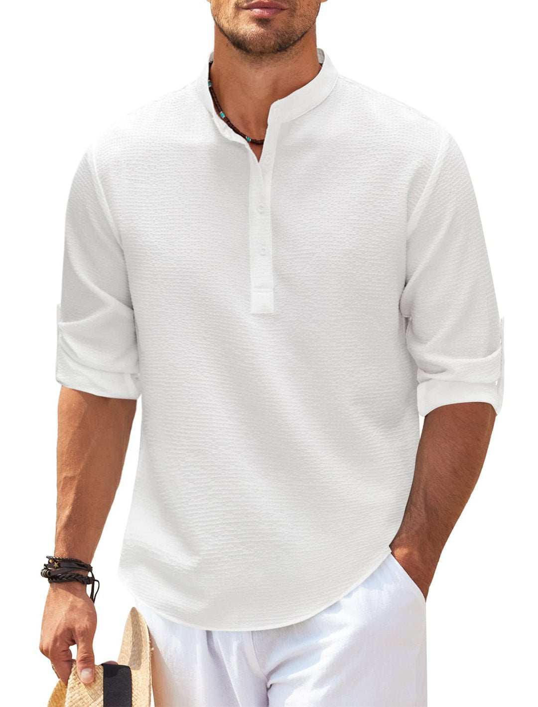 Men's Casual Shirt Long Sleeve Stand Collar Solid Color Shirt