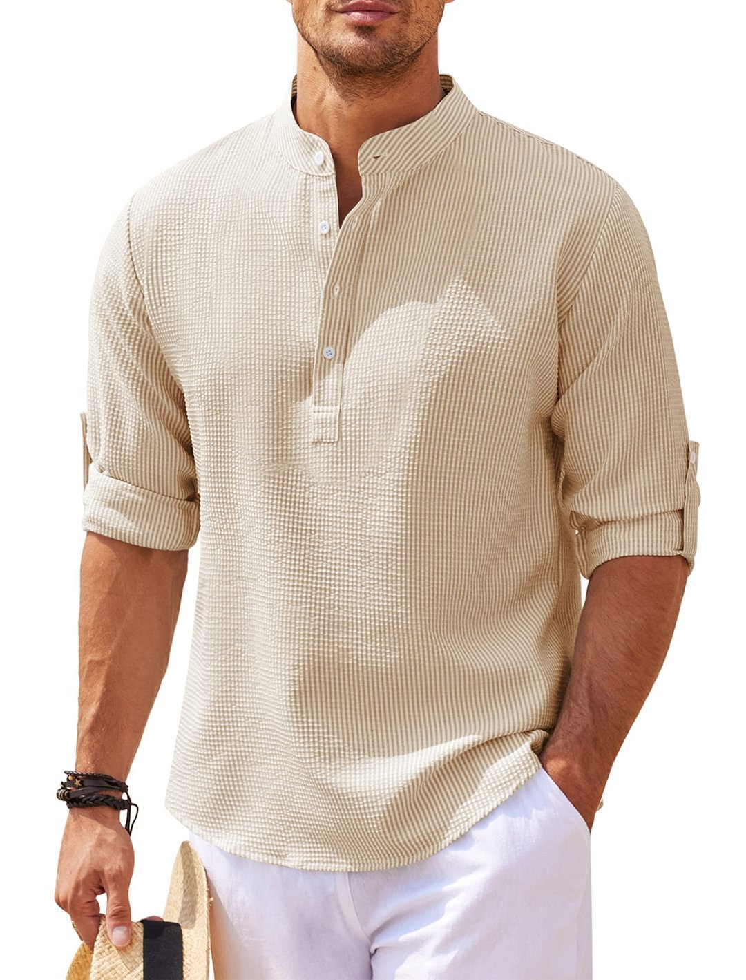 Men's Casual Shirt Long Sleeve Stand Collar Solid Color Shirt