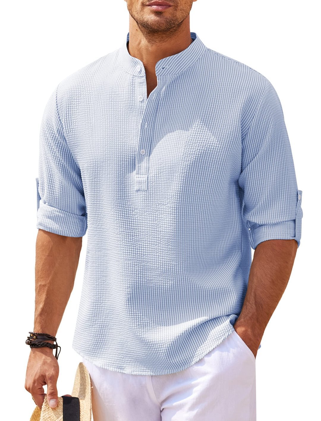 Men's Casual Shirt Long Sleeve Stand Collar Solid Color Shirt