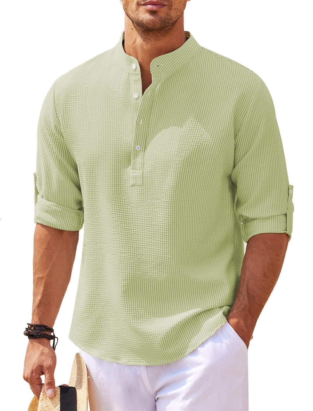 Men's Casual Shirt Long Sleeve Stand Collar Solid Color Shirt