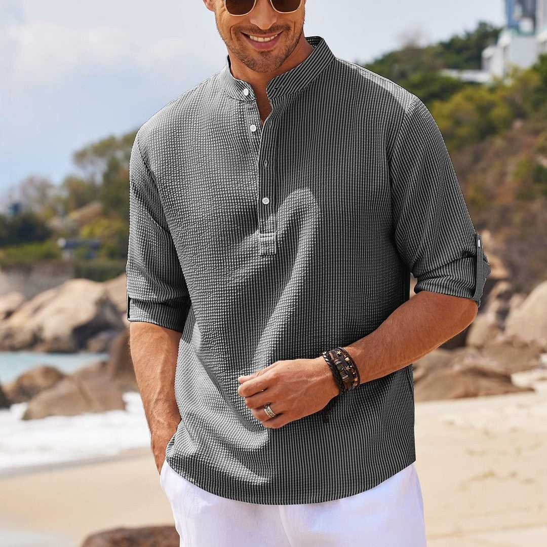 Men's Casual Shirt Long Sleeve Stand Collar Solid Color Shirt