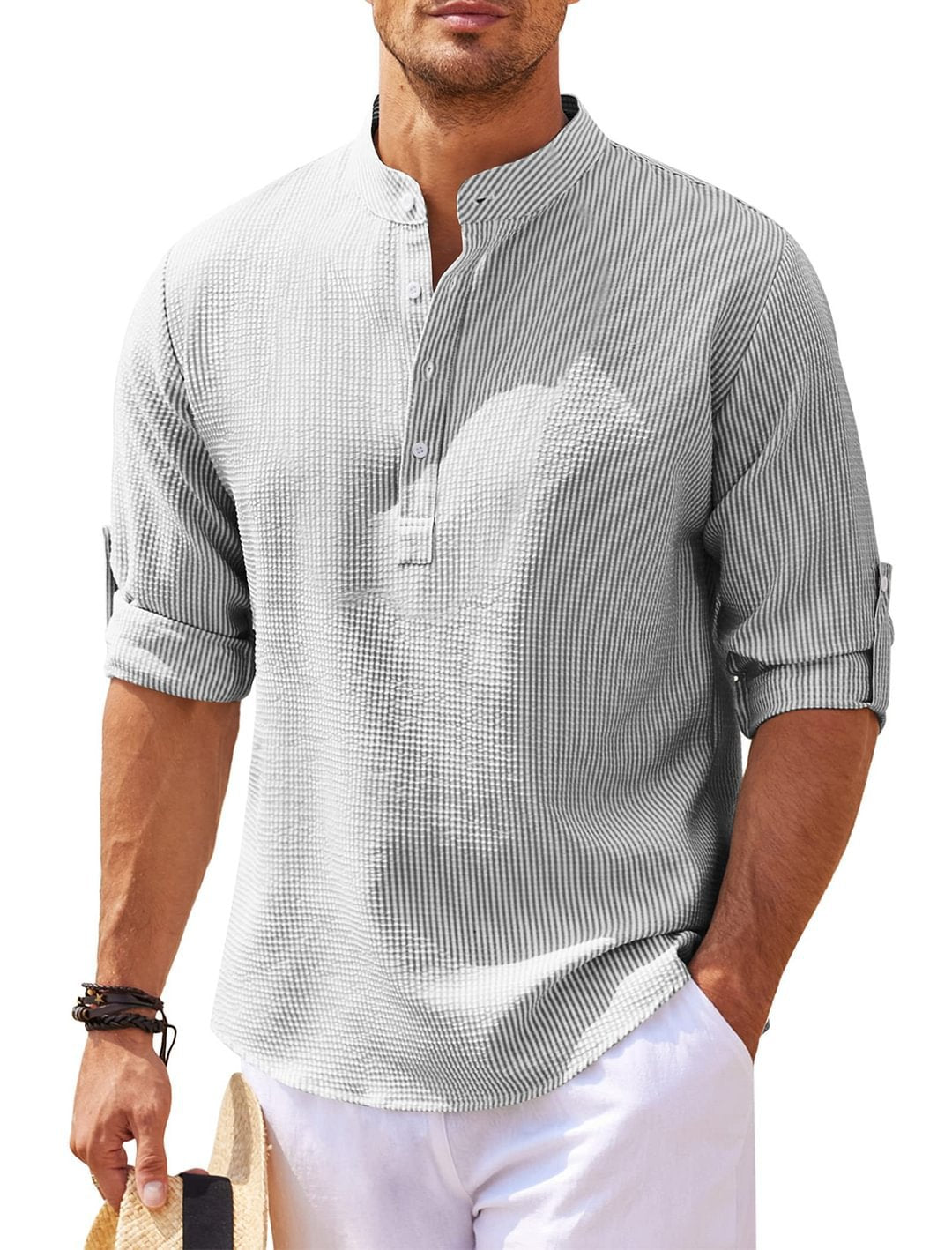 Men's Casual Shirt Long Sleeve Stand Collar Solid Color Shirt