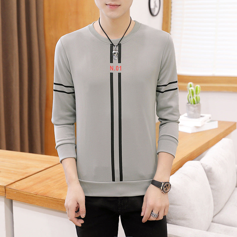 Spring and Autumn New mens printed long-sleeved T-shirt teen round neck