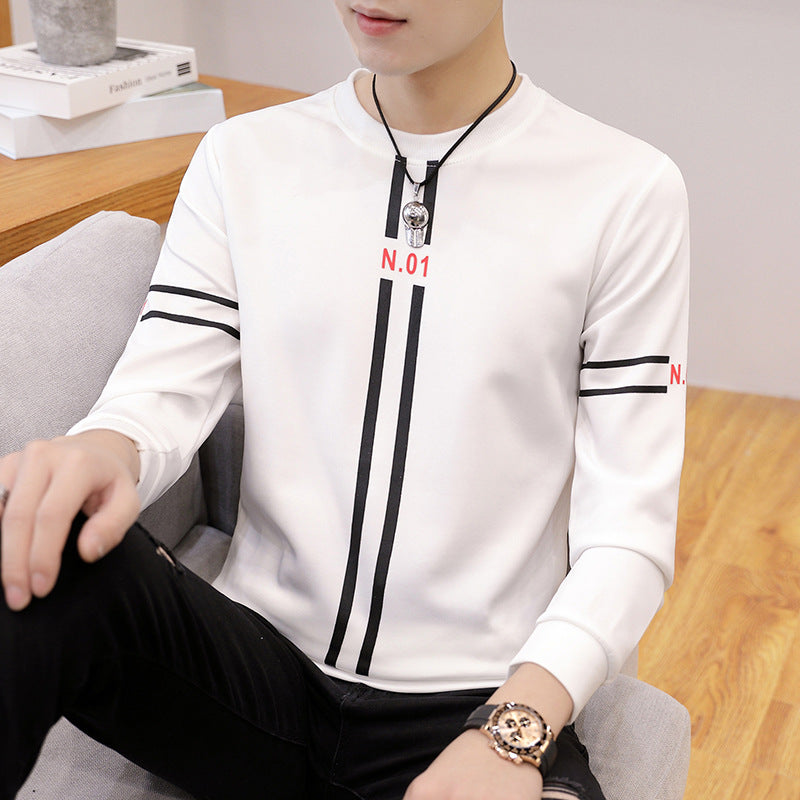 Spring and Autumn New mens printed long-sleeved T-shirt teen round neck