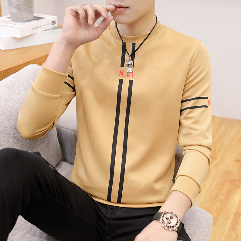 Spring and Autumn New mens printed long-sleeved T-shirt teen round neck