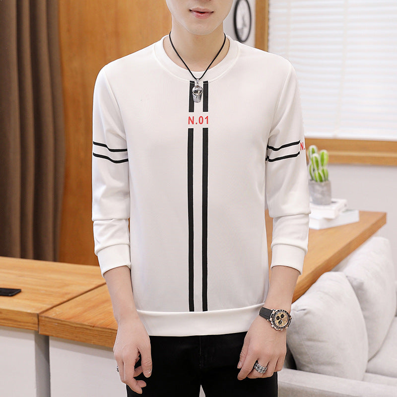 Spring and Autumn New mens printed long-sleeved T-shirt teen round neck