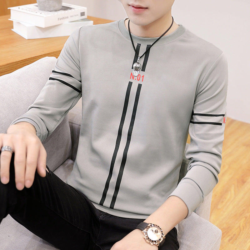 Spring and Autumn New mens printed long-sleeved T-shirt teen round neck