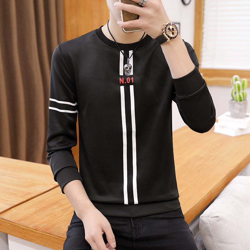 Spring and Autumn New mens printed long-sleeved T-shirt teen round neck