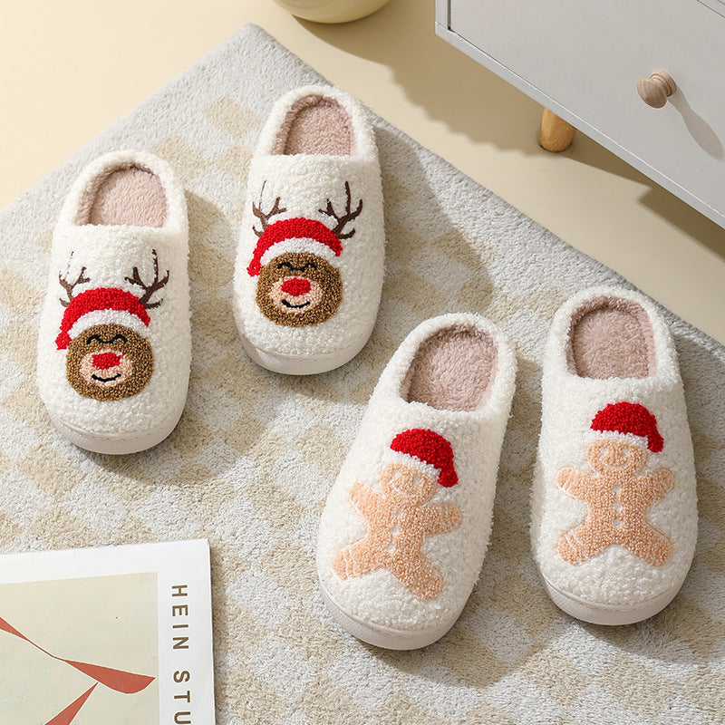 Christmas Home Slippers Cute Cartoon Santa Claus Cotton Slippers For Women And Men Couples Winter Warm Furry Shoes