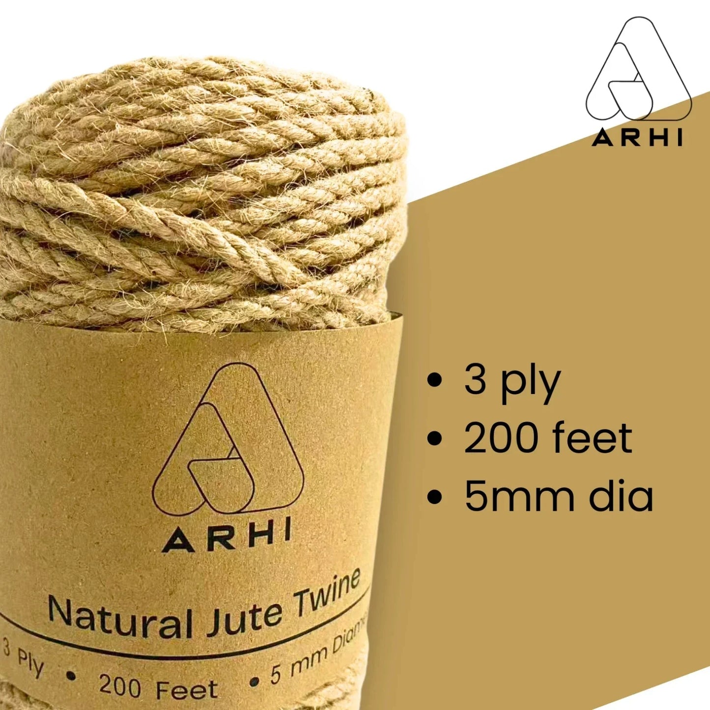 ARHI 200FT Natural Jute Twine Rope 5mm 3Ply for Gardening & Packing Craft USA