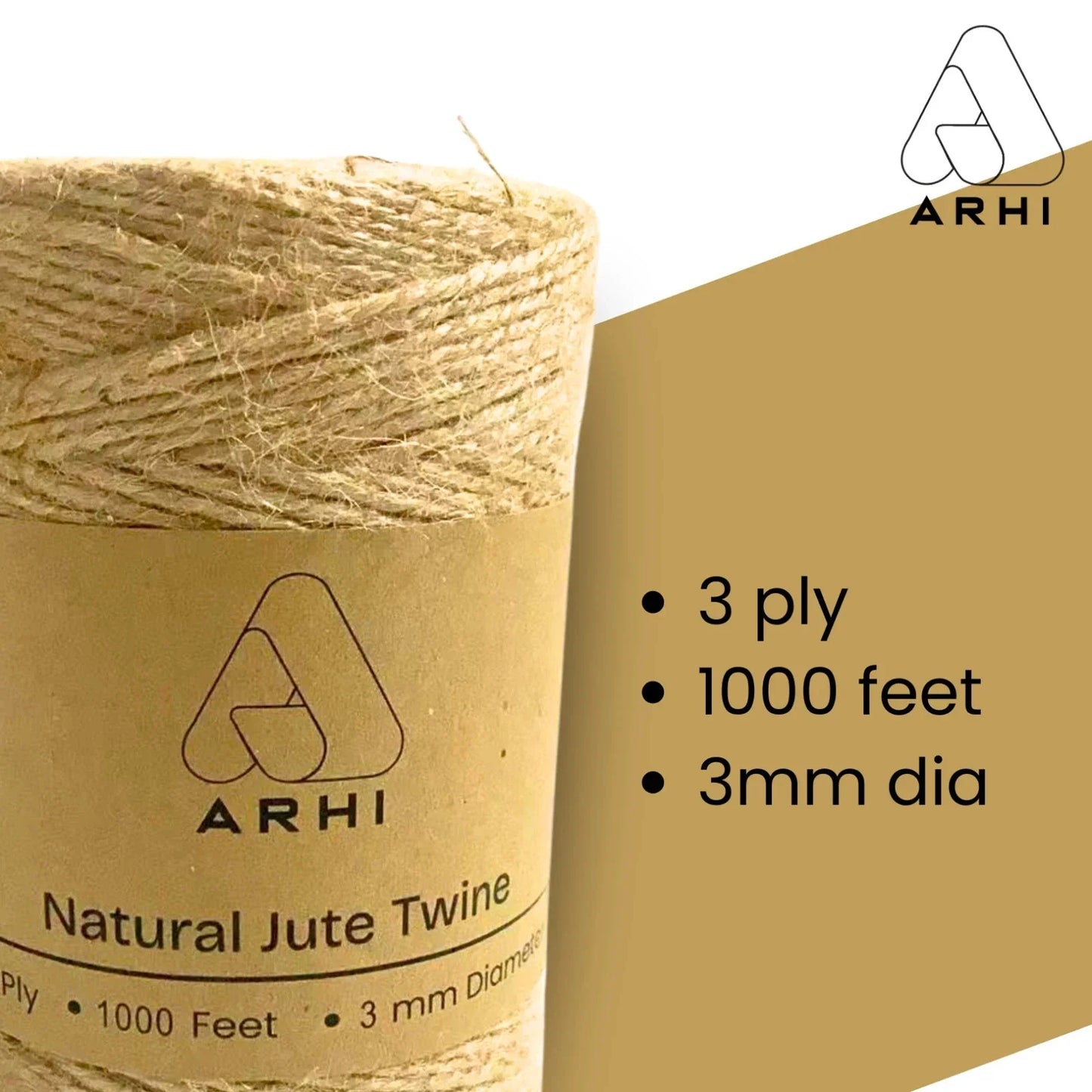 ARHI 1000FT Natural Jute Twine Rope 3mm 3Ply for Gardening & Packing Craft USA