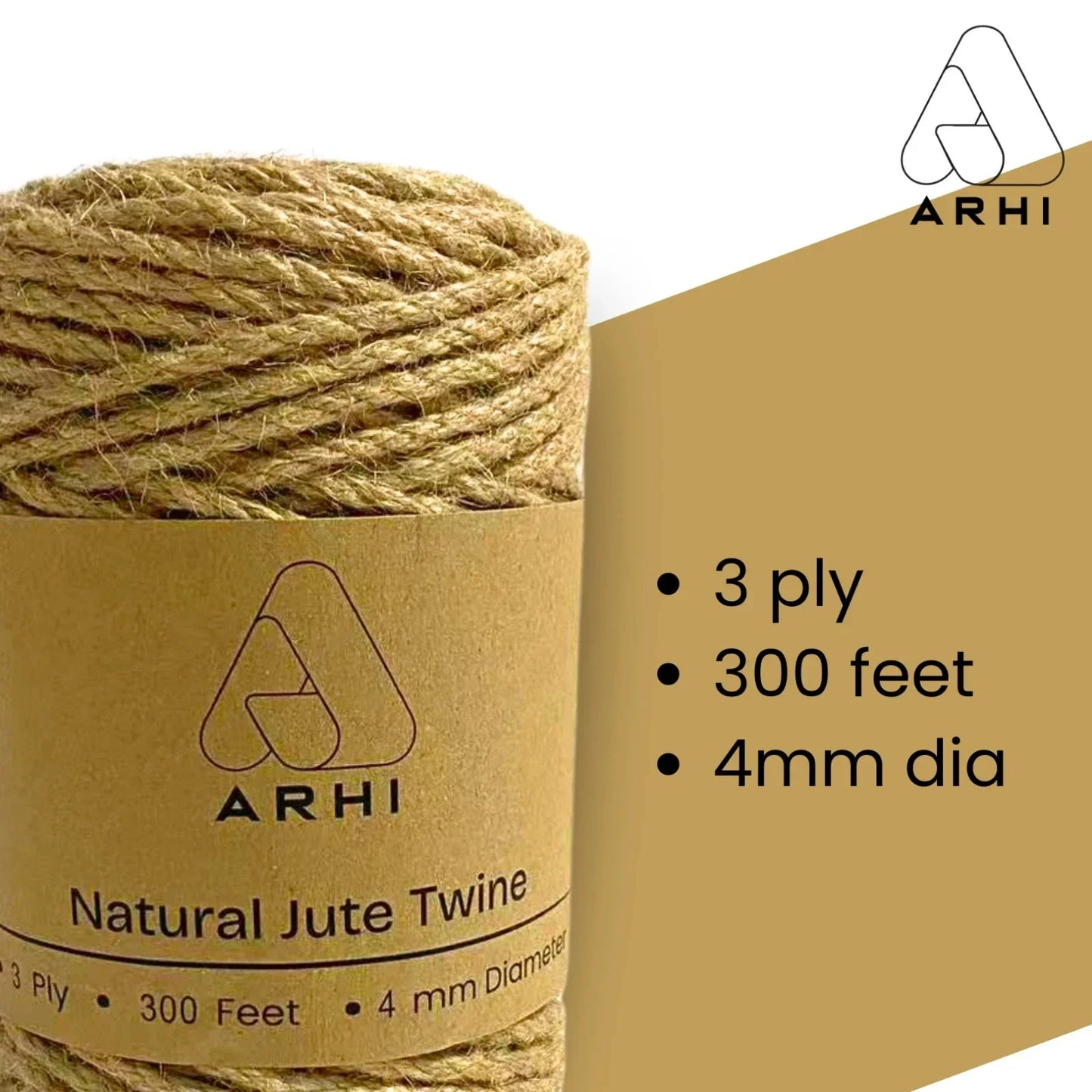 2 Pack ARHI 300FT Natural Jute Twine Rope 4mm 3Ply for Gardening & Packing Craft