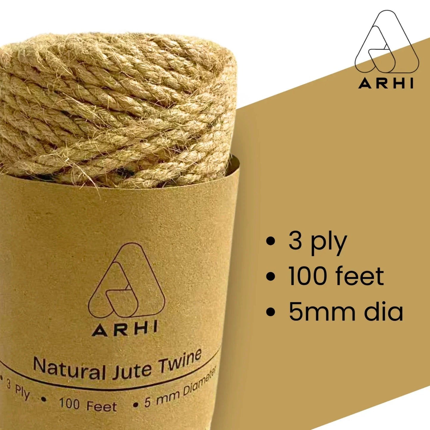 2 Pack ARHI 100FT Natural Jute Twine Rope 5mm 3Ply for Gardening & Packing Craft